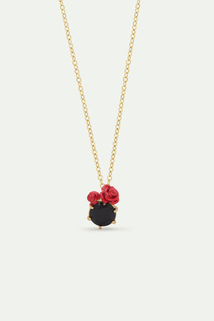 Les Néréides Loves Animals - Black Faceted Stone and Red Rose Pendant Necklace