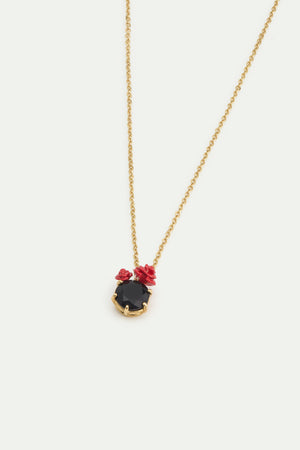 Les Néréides Loves Animals - Black Faceted Stone and Red Rose Pendant Necklace