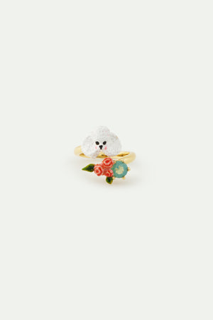 Les Néréides Loves Animals - Poodle Adjustable Ring with Pink Roses and a Blue Stone