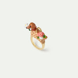 Les Néréides Loves Animals - Basket, Dachshund and Bunch of Flowers Cocktail Ring