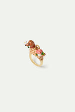 Les Néréides Loves Animals - Basket, Dachshund and Bunch of Flowers Cocktail Ring