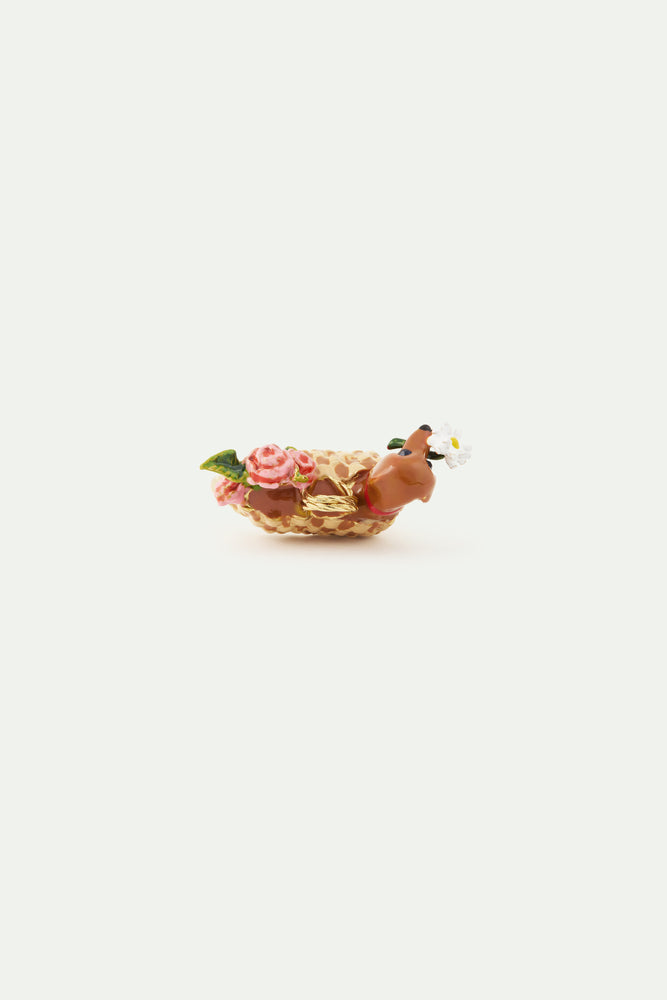 Les Néréides Loves Animals - Basket, Dachshund and Bunch of Flowers Cocktail Ring