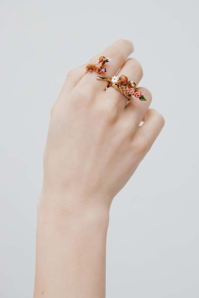 Les Néréides Loves Animals - Dachshund, Daisy and Pink Stone Adjustable Ring