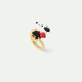Les Néréides Loves Animals - Dalmatian Adjustable Ring with Black Faceted Round Stone and Red Rose