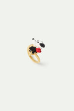 Les Néréides Loves Animals - Dalmatian Adjustable Ring with Black Faceted Round Stone and Red Rose