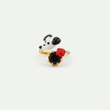 Les Néréides Loves Animals - Dalmatian Adjustable Ring with Black Faceted Round Stone and Red Rose