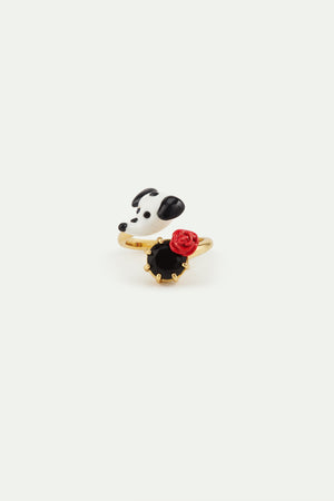Les Néréides Loves Animals - Dalmatian Adjustable Ring with Black Faceted Round Stone and Red Rose