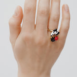 Les Néréides Loves Animals - Dalmatian Adjustable Ring with Black Faceted Round Stone and Red Rose