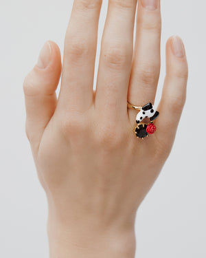 Les Néréides Loves Animals - Dalmatian Adjustable Ring with Black Faceted Round Stone and Red Rose