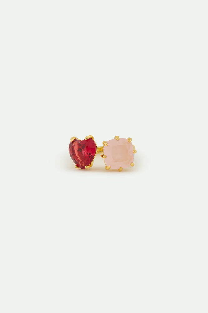 Dark Pink and Light Pink Diamantine You and Me Adjustable Ring with Heart-Shaped and Square Stones