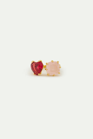 Dark Pink and Light Pink Diamantine You and Me Adjustable Ring with Heart-Shaped and Square Stones