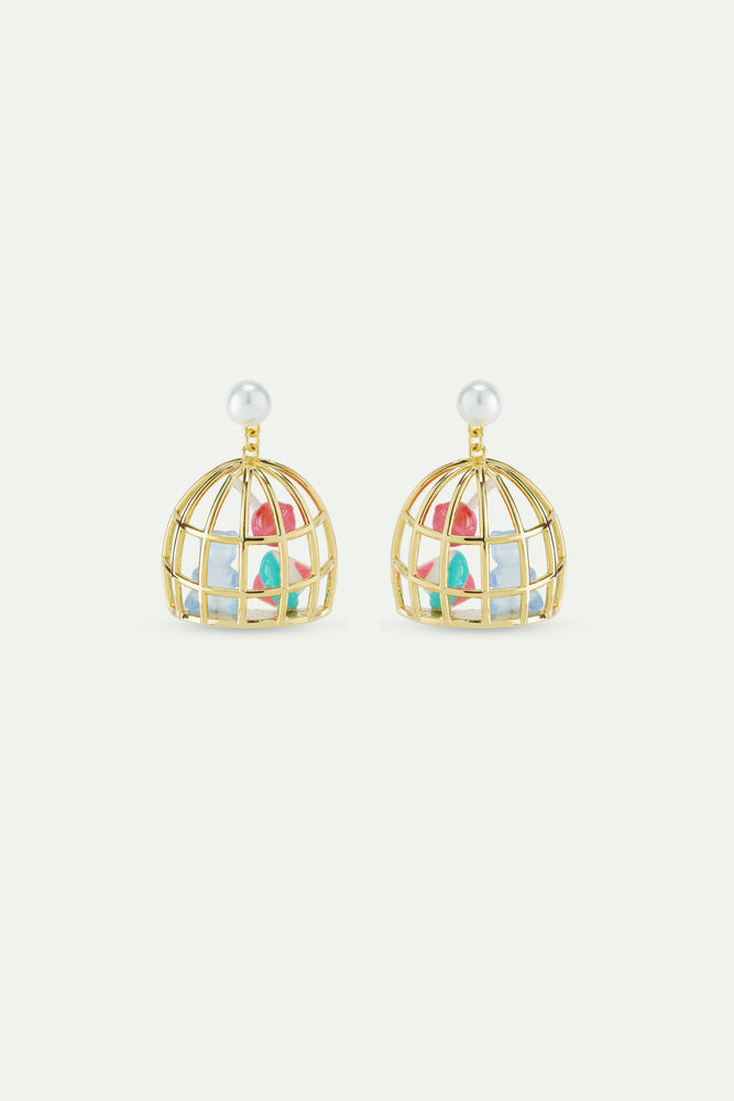N2 Gold Cage Clip-On Earrings with Blue Teddy Bear Sweet, Marshmallow and Lollipop