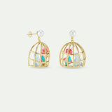 N2 Gold Cage Post Earrings with Blue Teddy Bear Sweet, Marshmallow and Lollipop