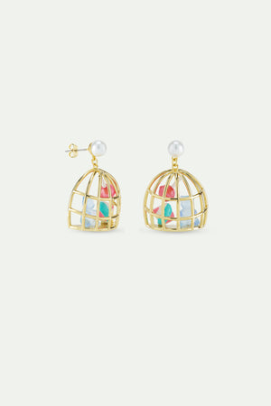 N2 Gold Cage Post Earrings with Blue Teddy Bear Sweet, Marshmallow and Lollipop