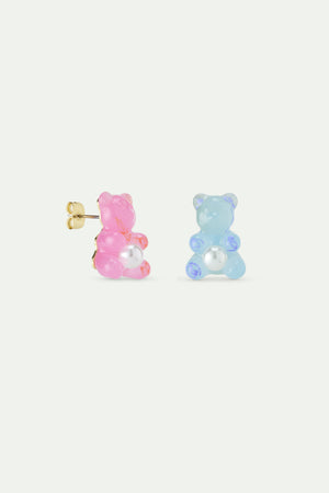 N2 Blue Teddy Bear Sweet, Rose and White Imitation Pearl Post Earrings