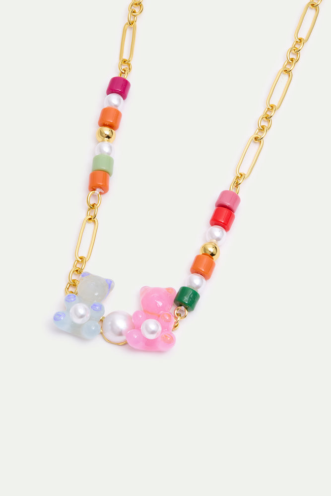 N2 Blue and Pink Teddy Bear Sweet Necklace and Colorful Beads