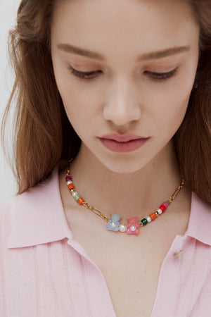 N2 Blue and Pink Teddy Bear Sweet Necklace and Colorful Beads