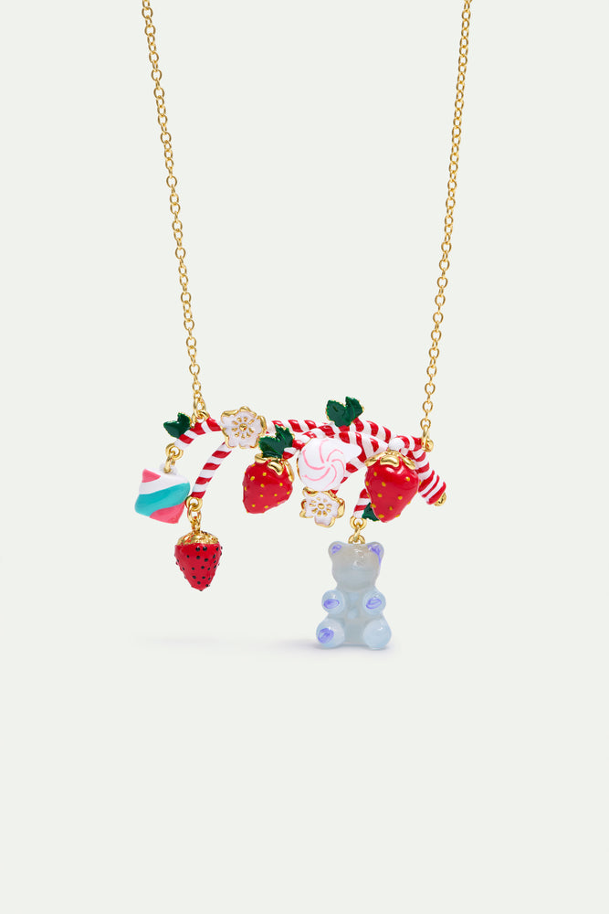 N2 Statement Necklace with Candy Cane, Strawberry, Marshmallow, Blue Teddy Bear Sweet and White Flowers