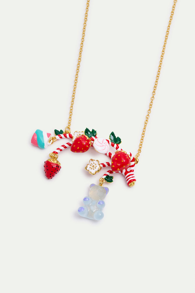 N2 Statement Necklace with Candy Cane, Strawberry, Marshmallow, Blue Teddy Bear Sweet and White Flowers