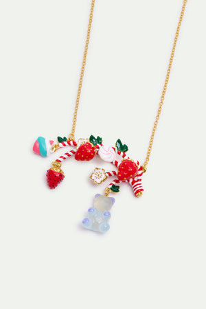 N2 Statement Necklace with Candy Cane, Strawberry, Marshmallow, Blue Teddy Bear Sweet and White Flowers