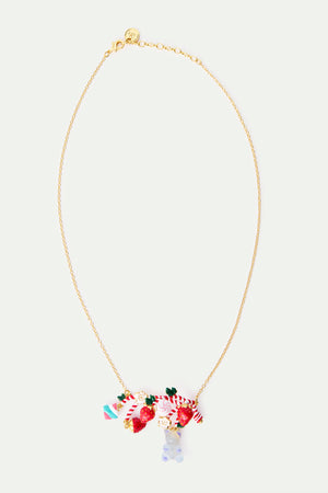 N2 Statement Necklace with Candy Cane, Strawberry, Marshmallow, Blue Teddy Bear Sweet and White Flowers