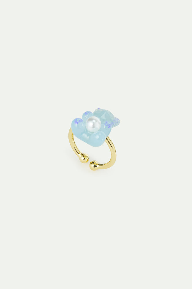 N2 Blue Teddy Bear Sweet and Imitation Pearl Adjustable Ring