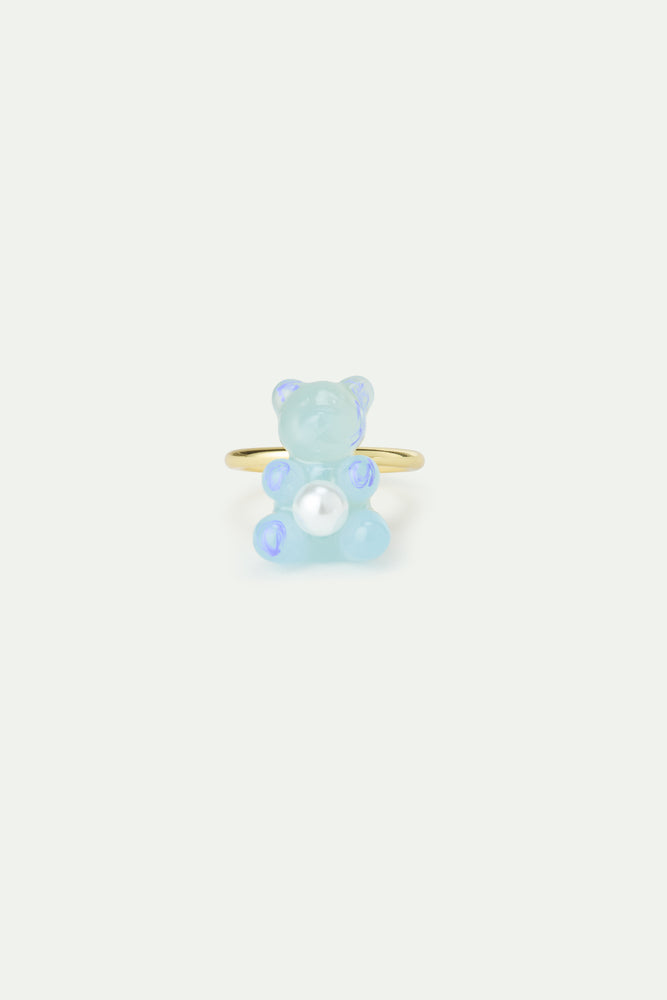 N2 Blue Teddy Bear Sweet and Imitation Pearl Adjustable Ring