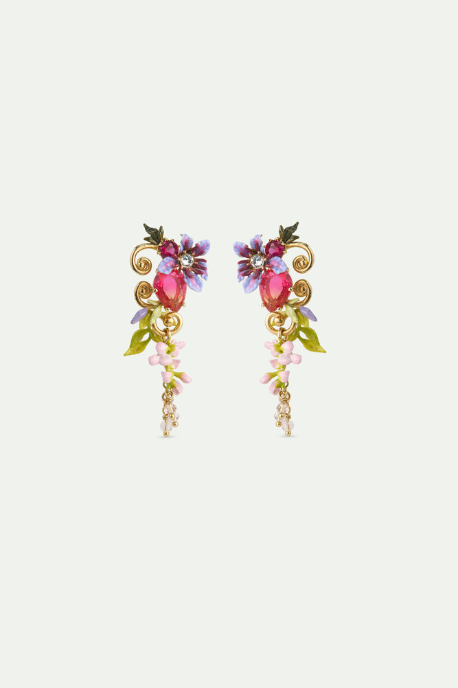 Two-Tone Faceted Glass Dangle Post Earrings, Pink Wisteria on a Golden Arabesque, Faceted Crystal Bead and Ivy