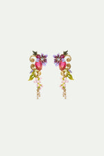 Two-Tone Faceted Glass Dangle Post Earrings, Pink Wisteria on a Golden Arabesque, Faceted Crystal Bead and Ivy