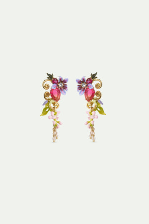 Two-Tone Faceted Glass Dangle Post Earrings, Pink Wisteria on a Golden Arabesque, Faceted Crystal Bead and Ivy
