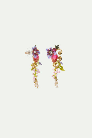 Two-Tone Faceted Glass Dangle Post Earrings, Pink Wisteria on a Golden Arabesque, Faceted Crystal Bead and Ivy