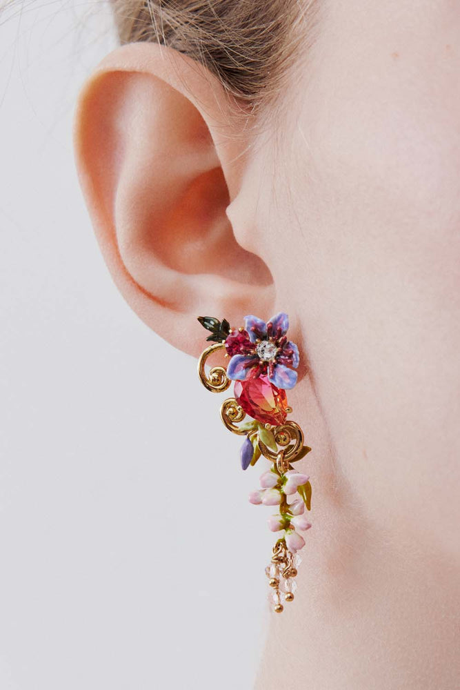 Two-Tone Faceted Glass Dangle Post Earrings, Pink Wisteria on a Golden Arabesque, Faceted Crystal Bead and Ivy