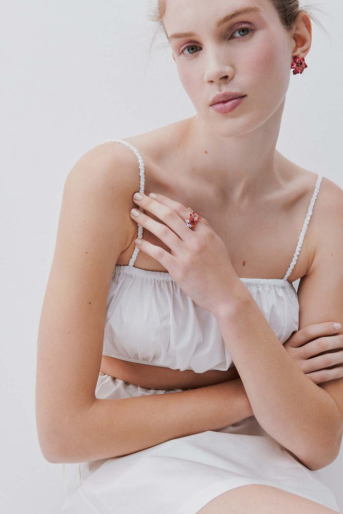 Pink Clementis, Faceted Glass and Purple Wisteria Adjustable Ring