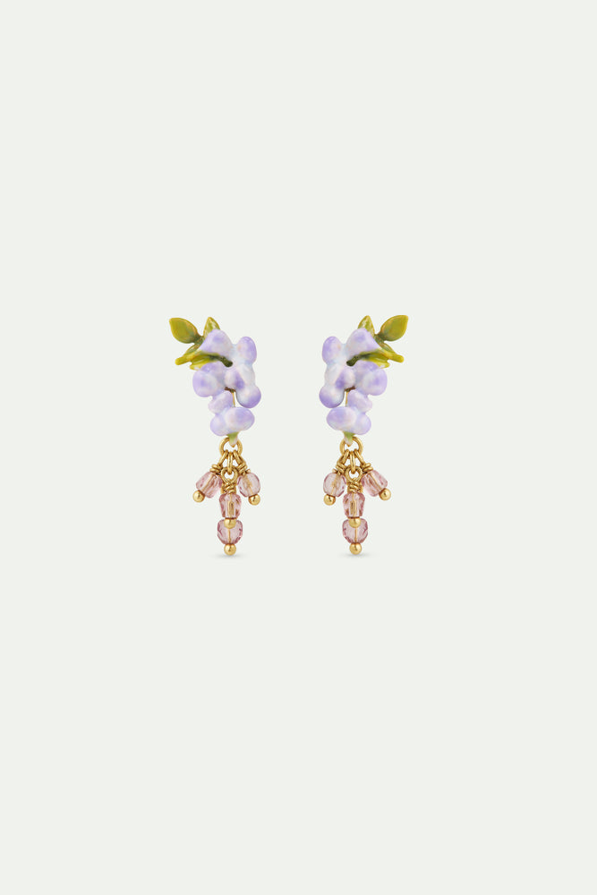 Purple Wisteria, Ivy and Faceted Crystal Bead Dangle Post Earrings