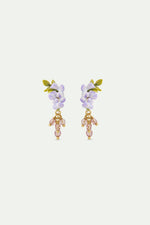 Purple Wisteria, Ivy and Faceted Crystal Bead Dangle Post Earrings