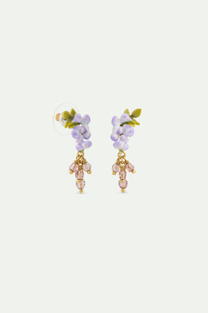 Purple Wisteria, Ivy and Faceted Crystal Bead Dangle Post Earrings