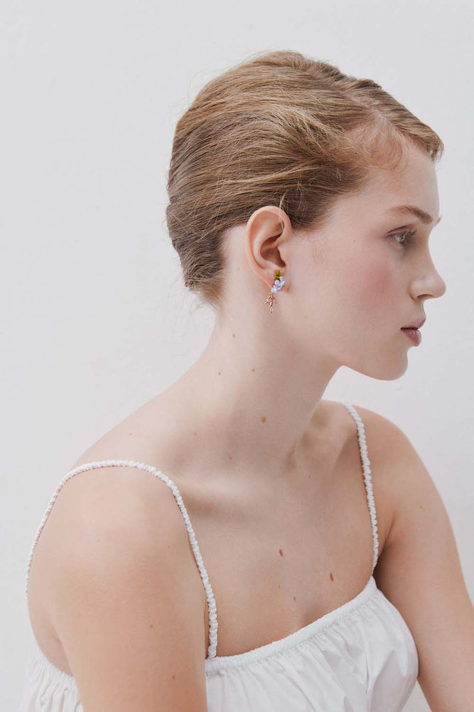 Purple Wisteria, Ivy and Faceted Crystal Bead Dangle Post Earrings