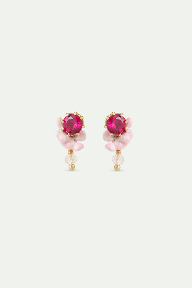 Pink Wisteria, Crystal Bead and Faceted Glass Sleeper Earrings