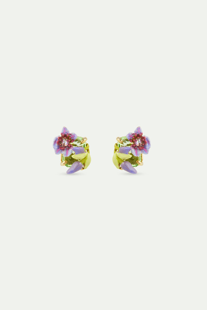 Purple Clematis, Ivy and Emerald-Cut Faceted Green Glass Post Earrings