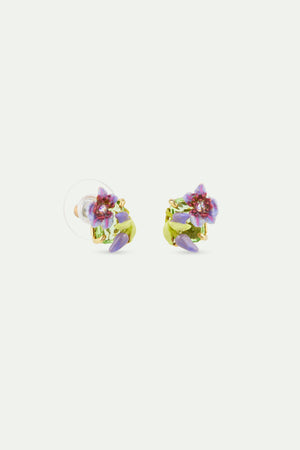 Purple Clematis, Ivy and Emerald-Cut Faceted Green Glass Post Earrings