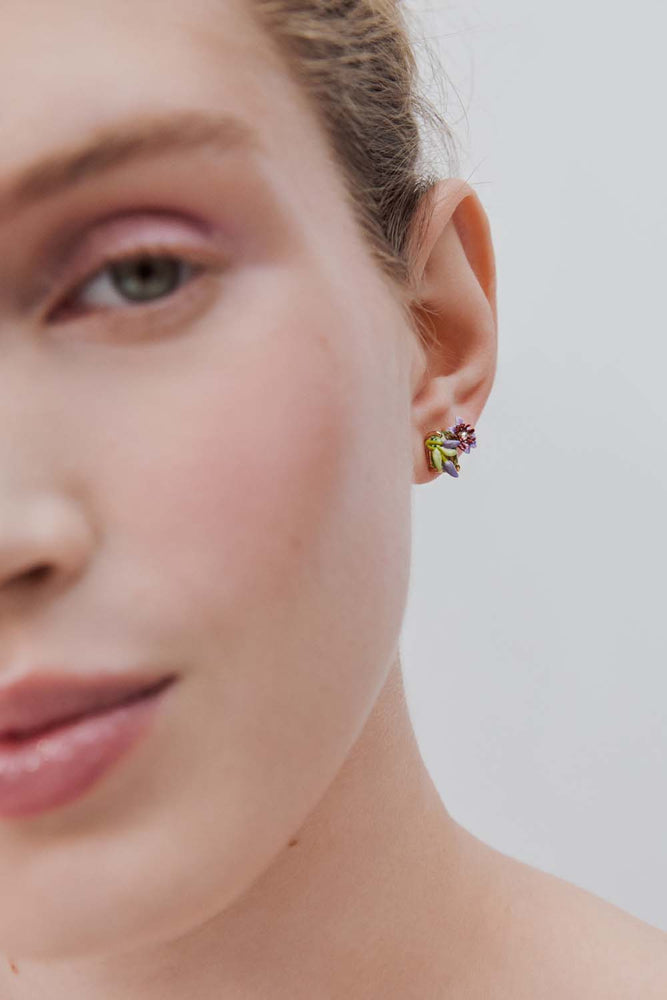 Purple Clematis, Ivy and Emerald-Cut Faceted Green Glass Sleeper Earrings