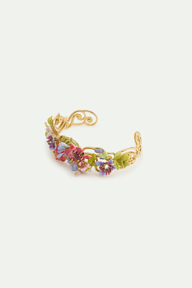 Cuff Bracelet with Pink and Purple Arabesque, Ivy, Pink and Purple Clematis, and Two-Tone Faceted Glass