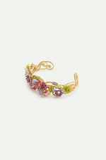 Cuff Bracelet with Pink and Purple Arabesque, Ivy, Pink and Purple Clematis, and Two-Tone Faceted Glass