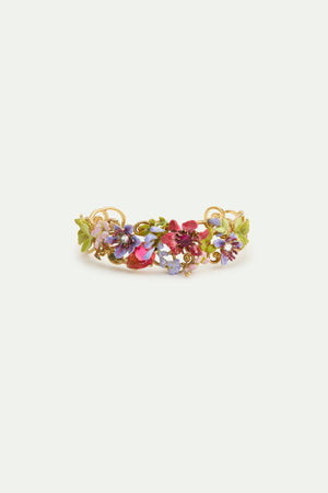 Cuff Bracelet with Pink and Purple Arabesque, Ivy, Pink and Purple Clematis, and Two-Tone Faceted Glass