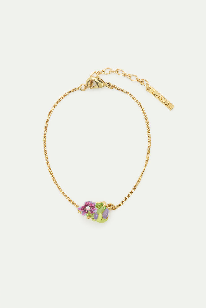 Purple Clematis and Green Emerald-Cut Crystal Pendant Bracelet