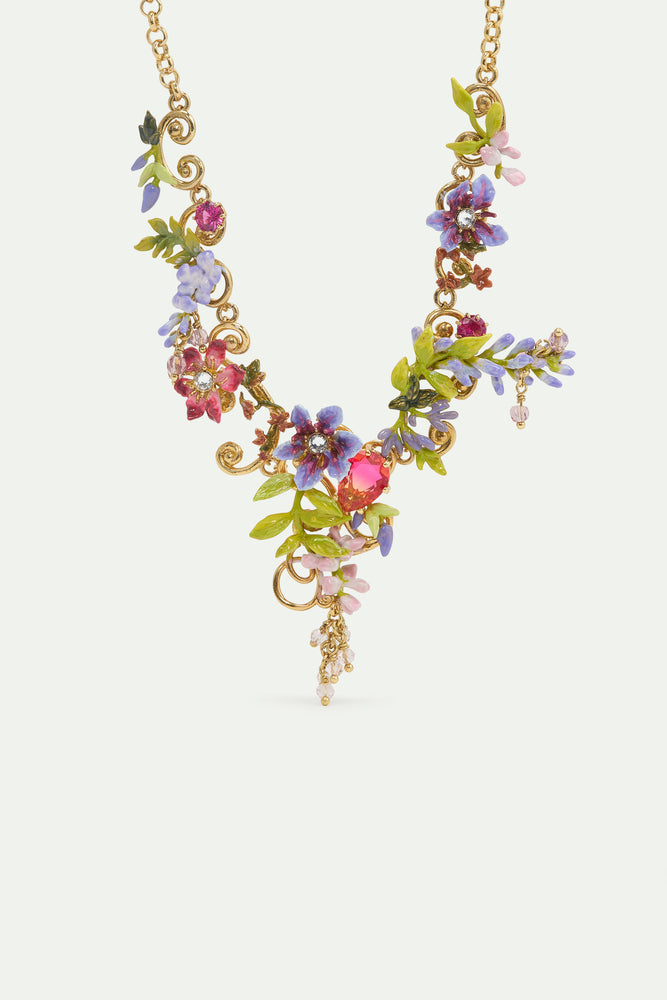 Statement Necklace with Pink and Purple Wisteria on a Golden Arabesque, Adorned with Ivy and Dangling Faceted Pink Crystal Beads