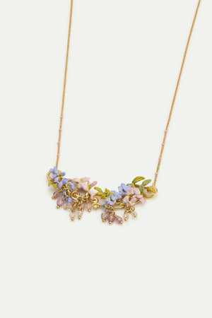 Statement Necklace with Pink and Purple Wisteria on a Golden Arabesque, Adorned with Ivy and Dangling Faceted Pink and White Crystal Beads