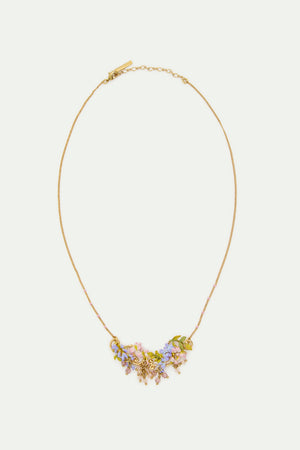 Statement Necklace with Pink and Purple Wisteria on a Golden Arabesque, Adorned with Ivy and Dangling Faceted Pink and White Crystal Beads
