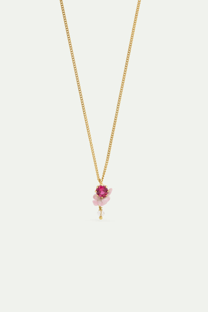 Cut Glass, Pink Wisteria and White Faceted Crystal Bead Pendant Necklace