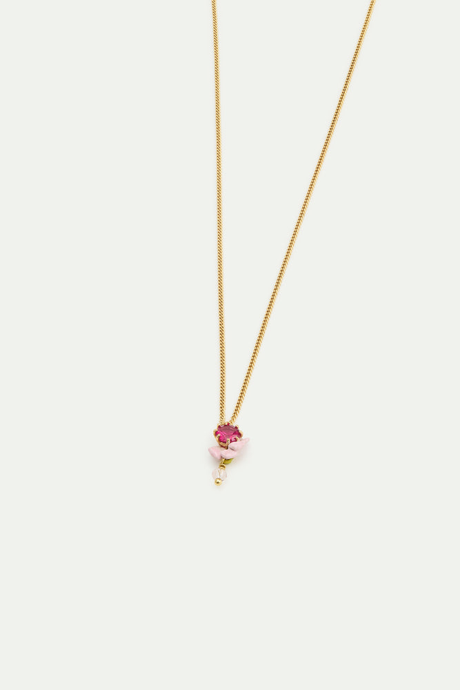 Cut Glass, Pink Wisteria and White Faceted Crystal Bead Pendant Necklace